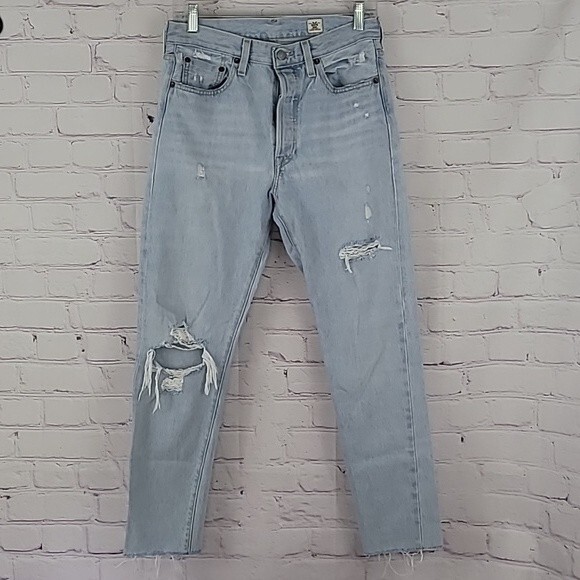 Levi’s 501 Button Fly Raw Hem Distressed White Oak Cone Denim Jeans. Size 28 - Picture 1 of 13